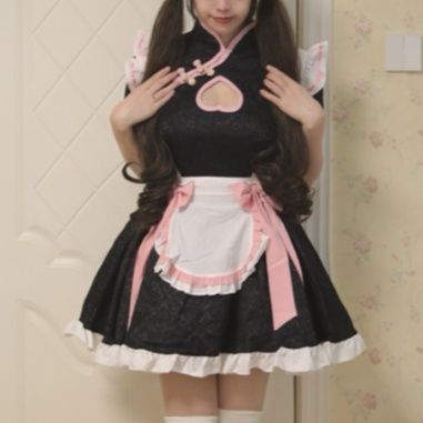 チャイナ風メイド服ワンピース黒桃リボン付きコスプレ衣装