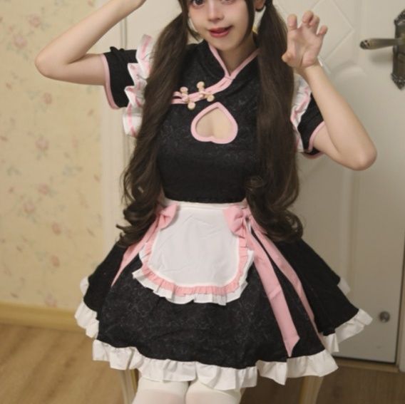 チャイナ風メイド服ワンピース黒桃リボン付きコスプレ衣装