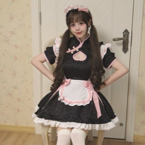 チャイナ風メイド服ワンピース黒桃リボン付きコスプレ衣装