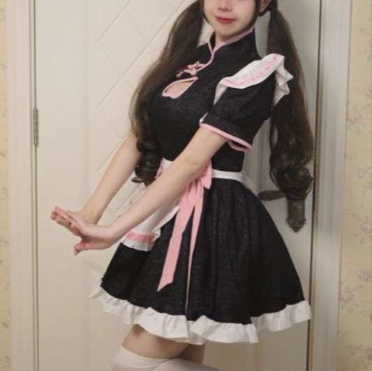 チャイナ風メイド服ワンピース黒桃リボン付きコスプレ衣装
