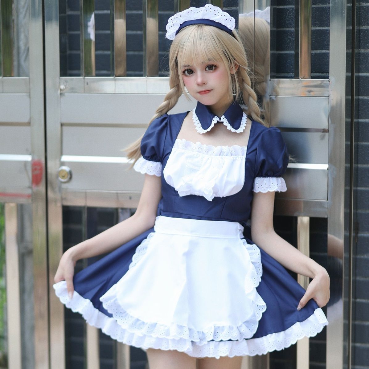 メイド服 刺繍レース付き半袖ミニ・ショートワンピース 男女兼用 メンズ対応