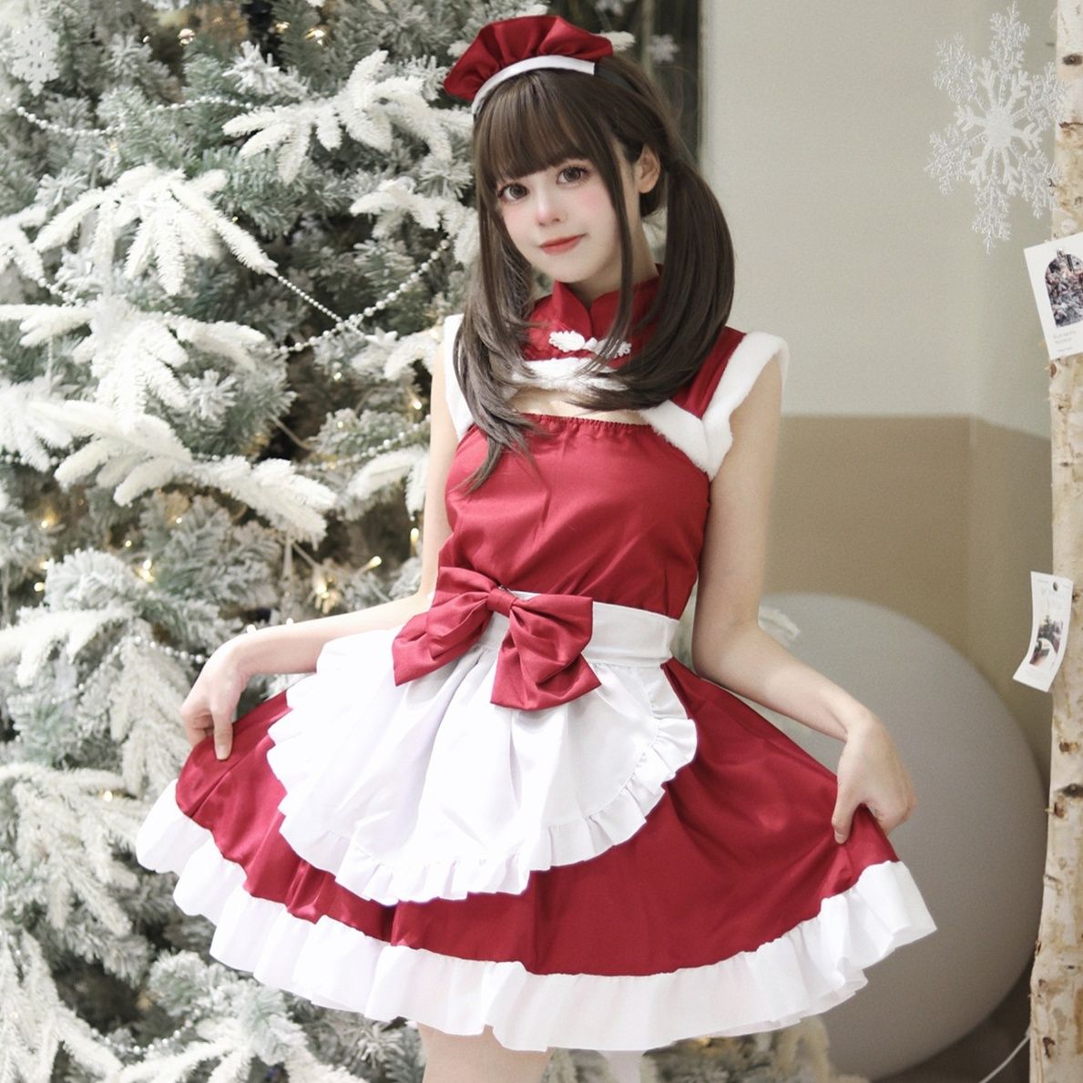 聖夜を彩るフリル付きミニ・ショート丈ワンピースメイド服 男女兼用 メンズ対応