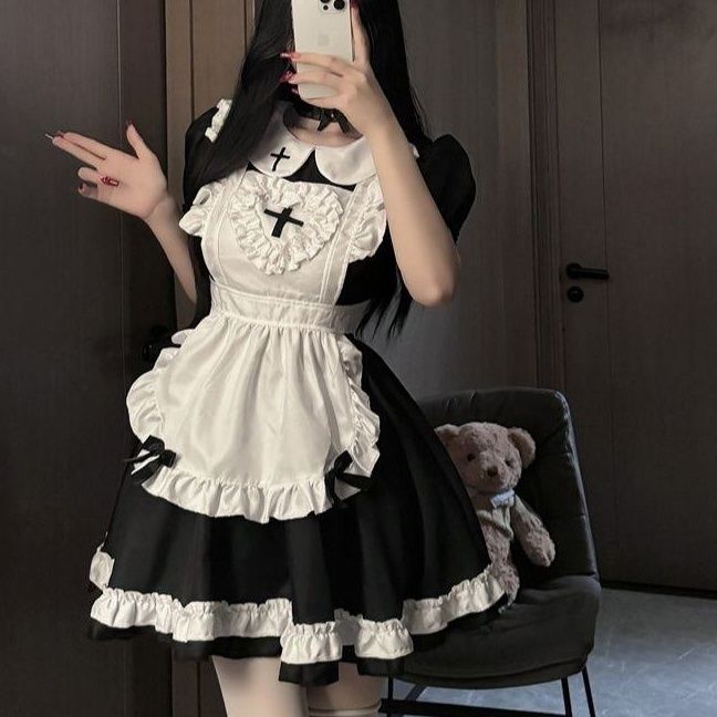 メイド服 十字架フリルエプロン付きゴシックメイドワンピース
