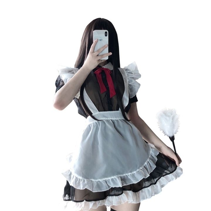 メイド服 フリル袖メイド服セット リボン付き透け感ワンピース