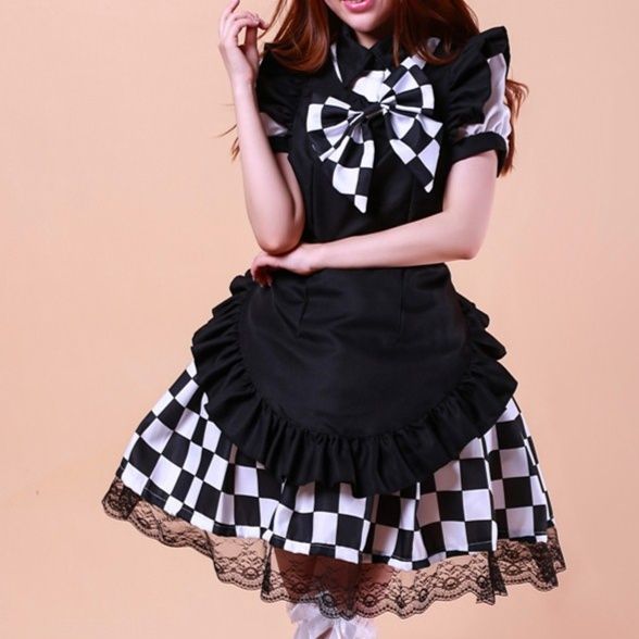 市松模様フリルメイド服ワンピースセット