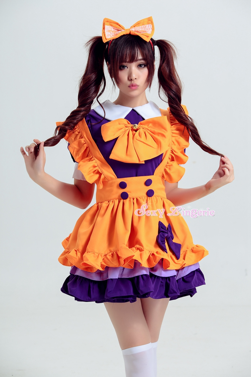 ハロウィン オレンジ色 メイド服 仮装衣装 紫リボン付き