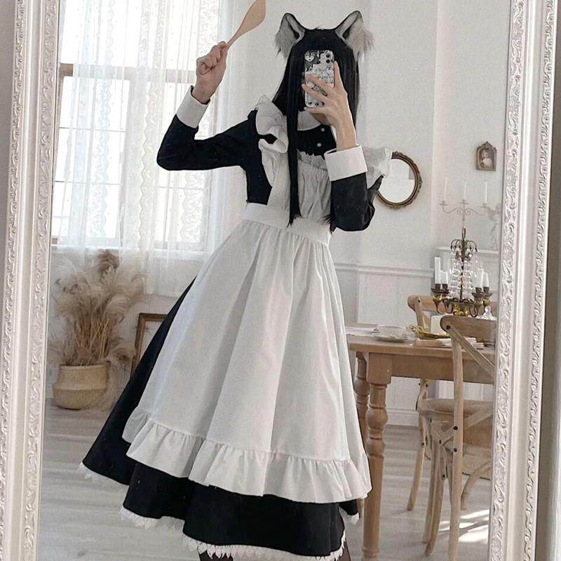 メイド服 猫耳カチューシャ付き長袖フリルエプロンドレス