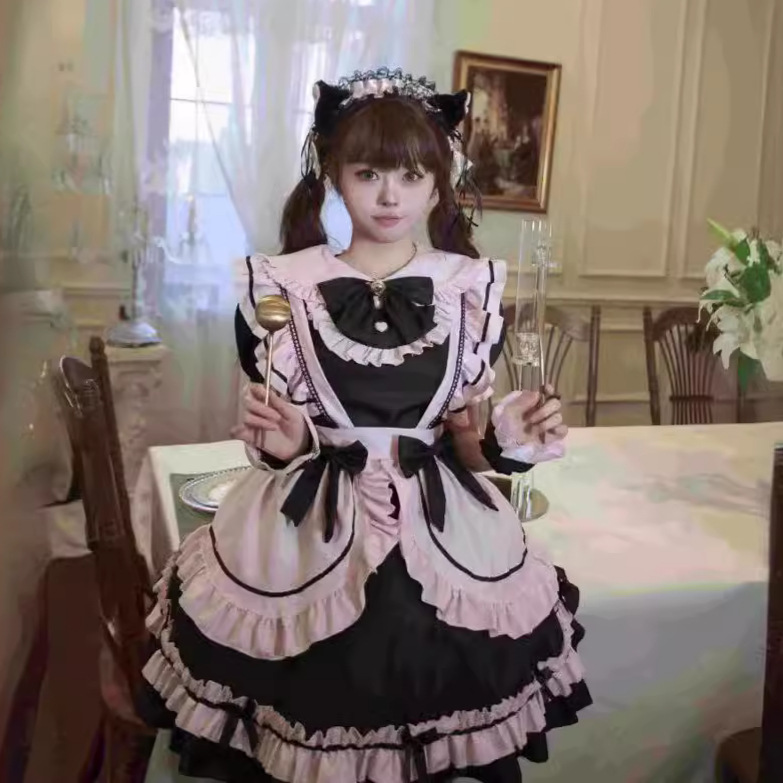 メイド服 猫耳付きフリルエプロンロリータメイド服