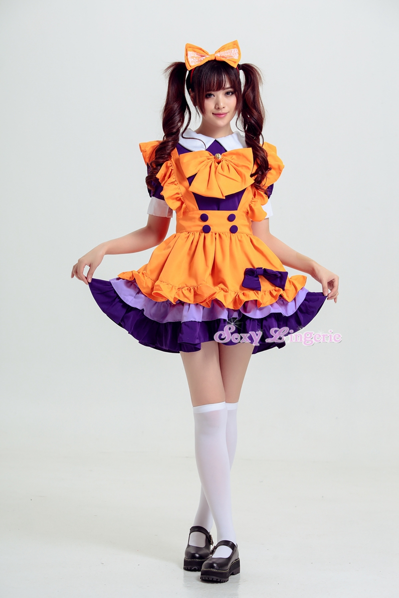 ハロウィン オレンジ色 メイド服 仮装衣装 紫リボン付き