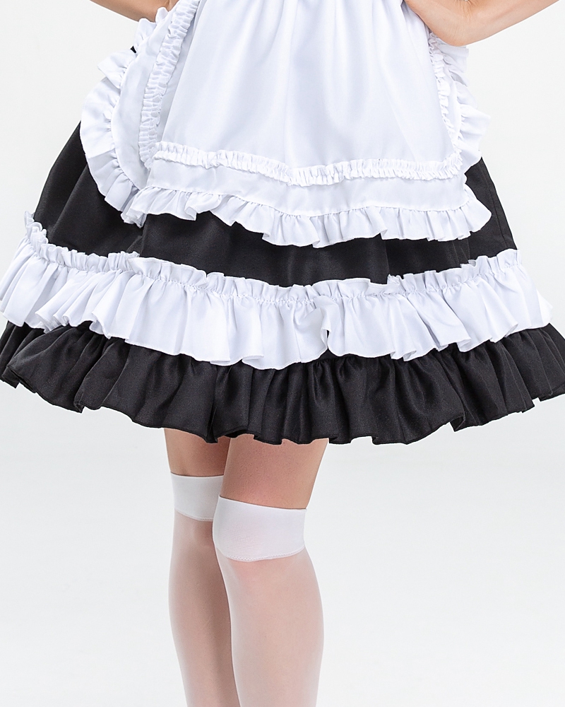 黒白猫耳メイド服 フリル付きコスプレ衣装