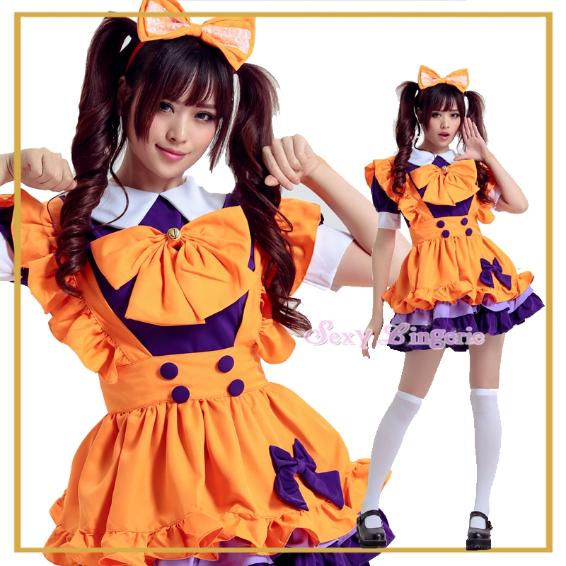 ハロウィン オレンジ色 メイド服 仮装衣装 紫リボン付き