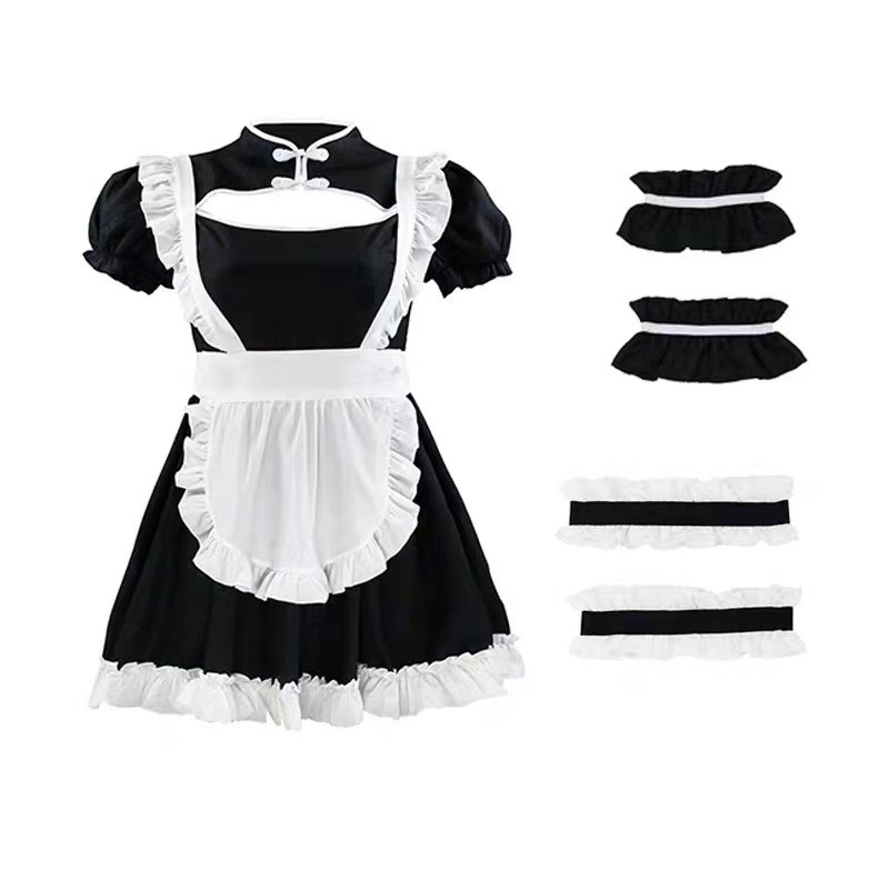 チャイナ風メイド服 黒白フリル コスプレ衣装