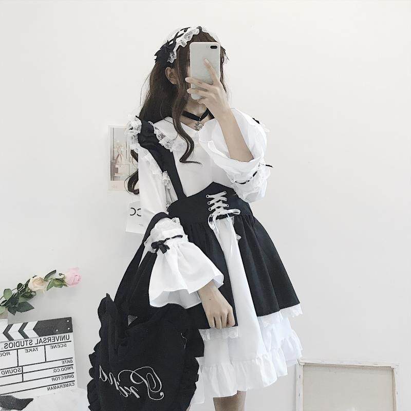 メイド服 編み上げリボン付きフリル裾メイド服セット