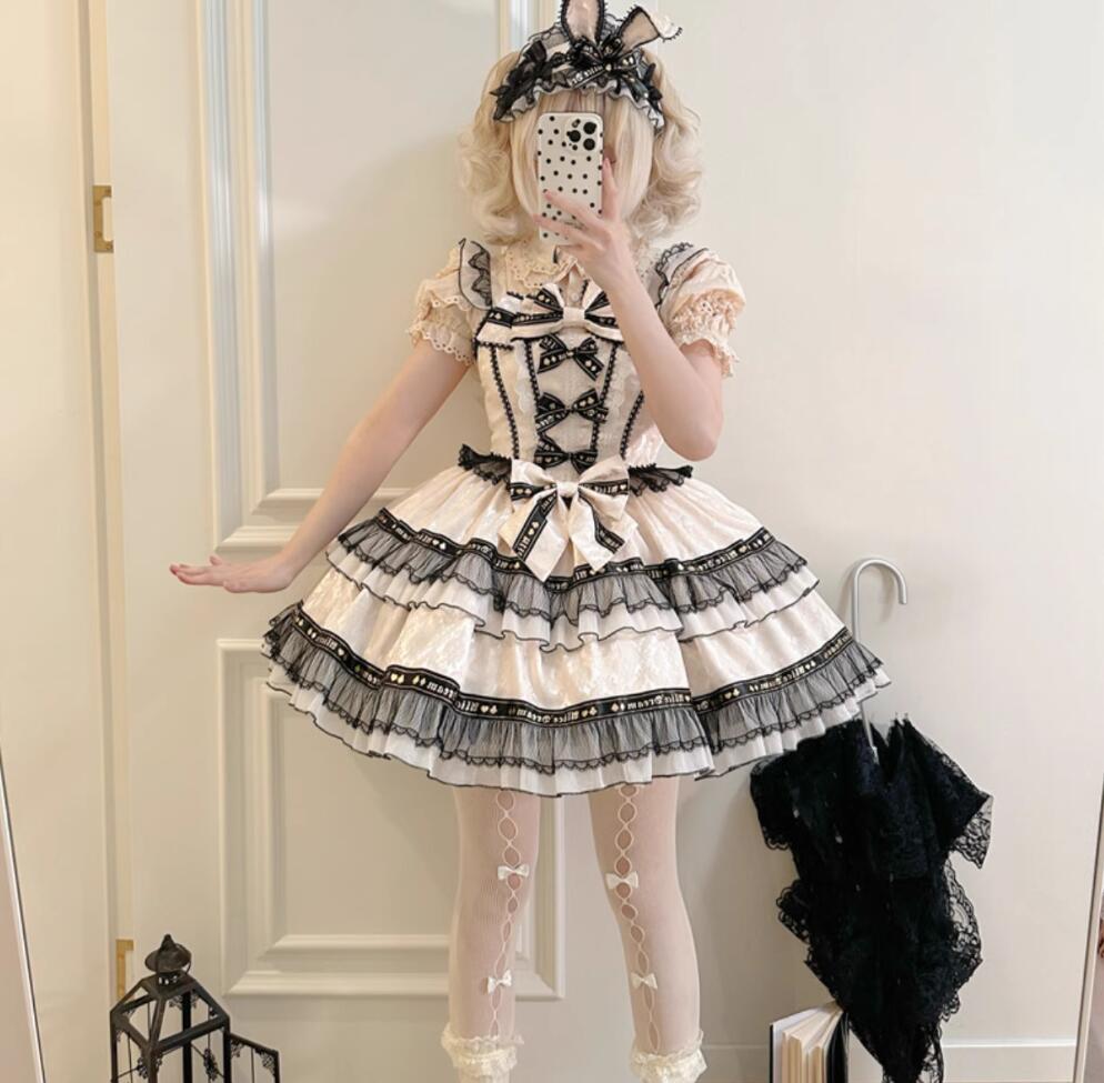 【新作】白×黒チェック リボン付き 豪華メイド服 ハロウィン衣装