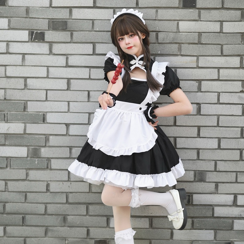 【韓嬢♡苺のbobo】ゴスロリ・ロリータドレス OP 半袖 甘ロリ メイド服 フリルたっぷり甘ロリメイド服 黒|メイド服専門通販 Maid-mania