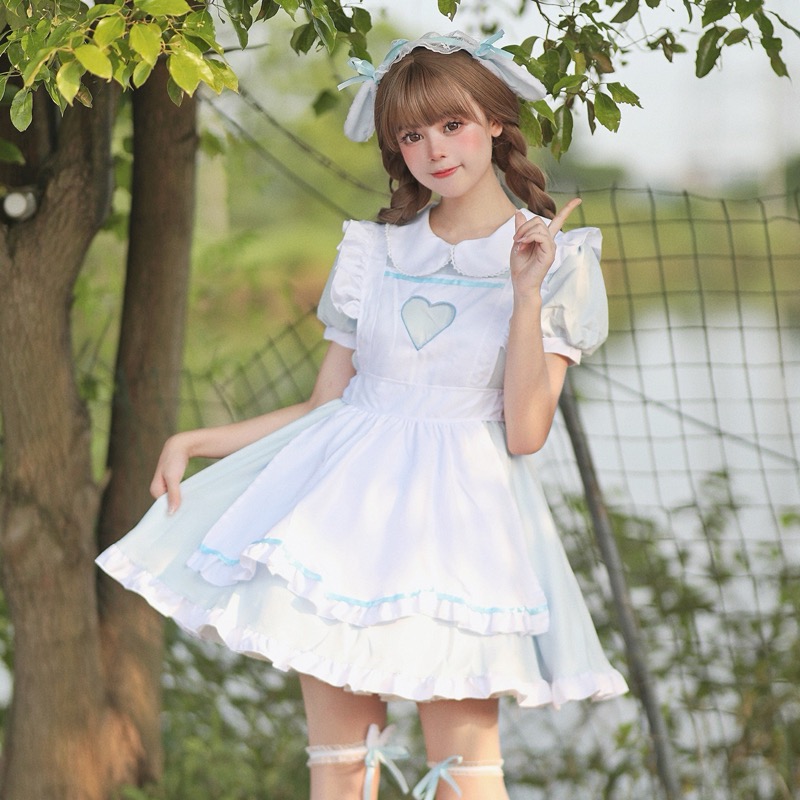 青リボン付き白メイド服ワンピース コスプレ衣装