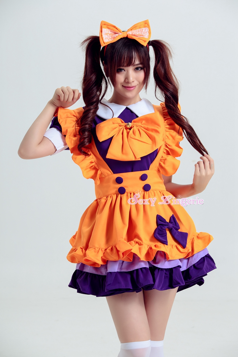 ハロウィン オレンジ色 メイド服 仮装衣装 紫リボン付き