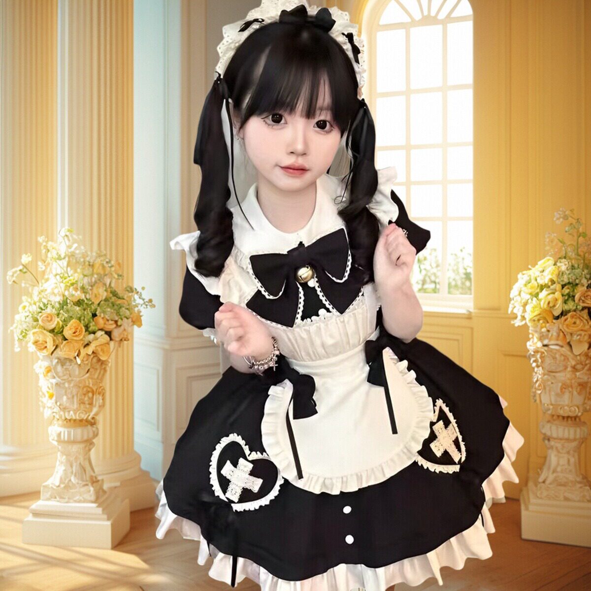 メイド服 十字架刺繍入りフリルエプロン付きメイド服衣装