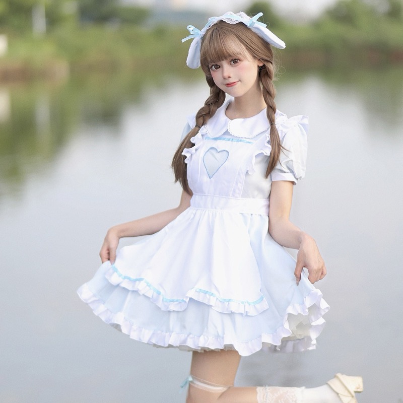 青リボン付き白メイド服ワンピース コスプレ衣装