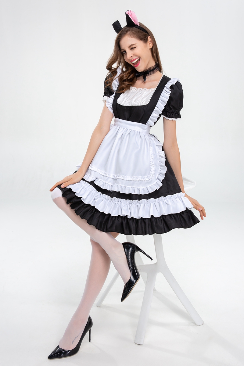 黒白猫耳メイド服 フリル付きコスプレ衣装
