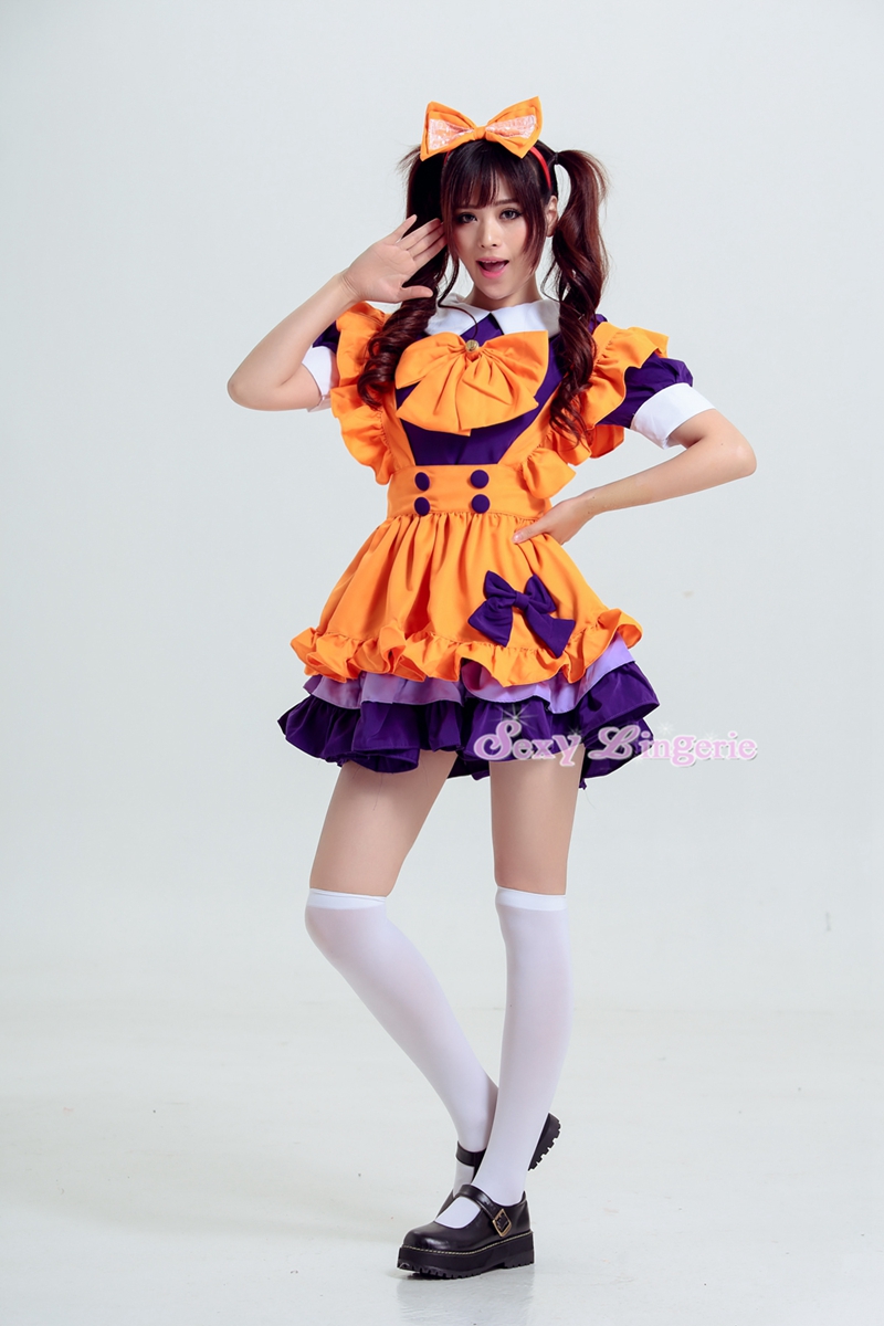 ハロウィン オレンジ色 メイド服 仮装衣装 紫リボン付き