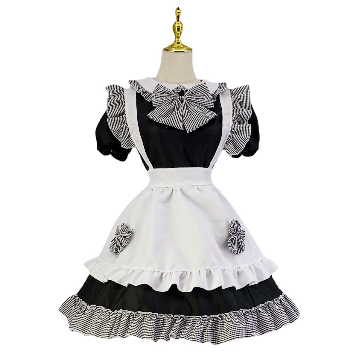格子柄リボン飾りフリルメイド服ワンピース