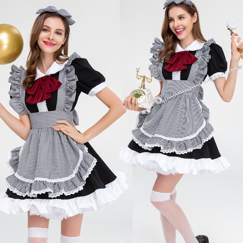 フレンチ風チェック柄エプロンメイド服衣装