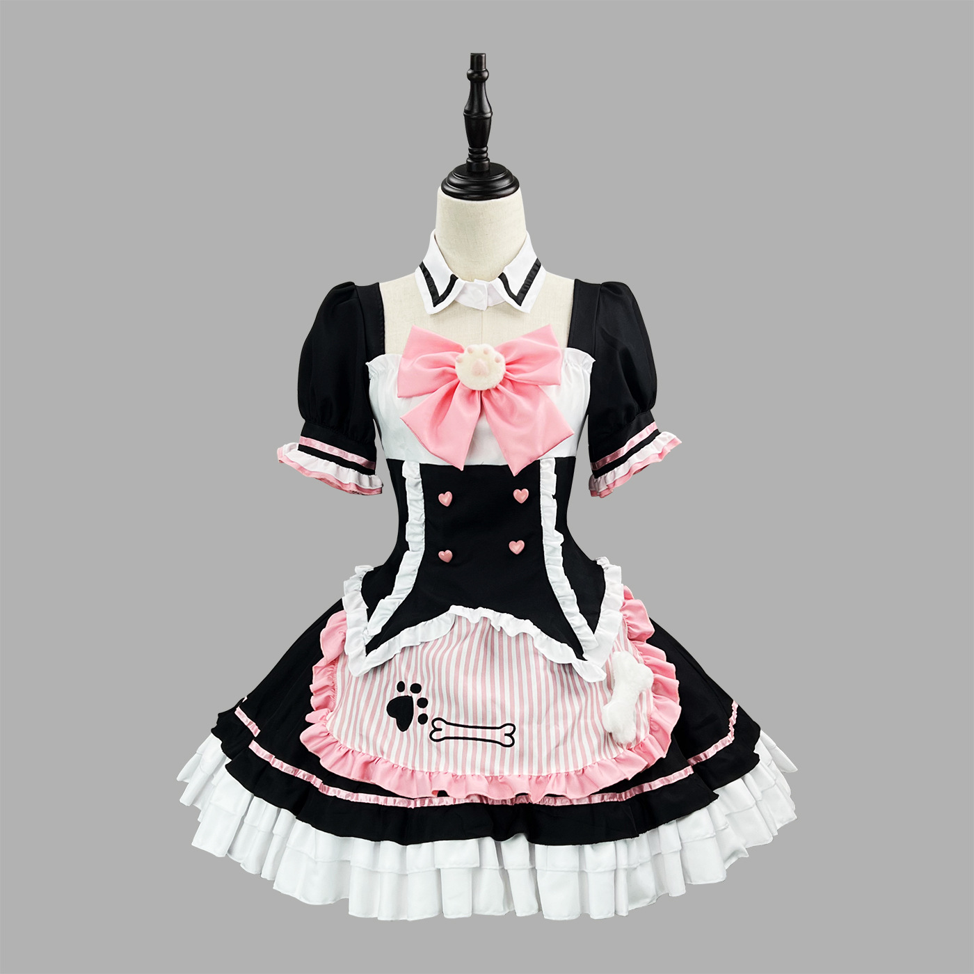 メイド服 肉球刺繍フリルエプロン付きワンピース
