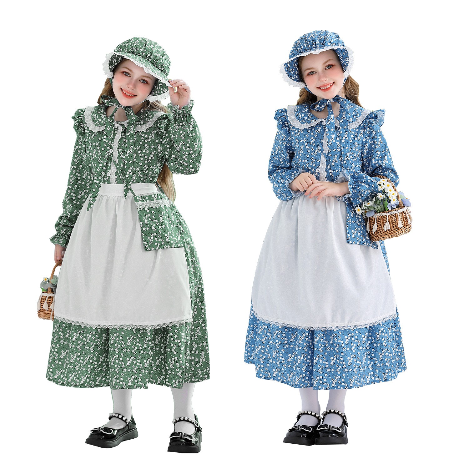 メイド服 小花柄フリル襟長袖メイド風ワンピース帽子付き