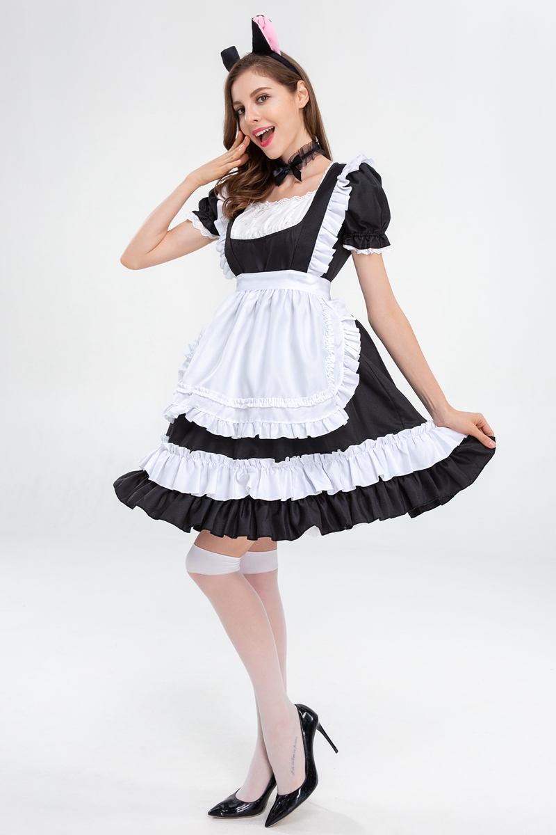 黒白猫耳メイド服 フリル付きコスプレ衣装