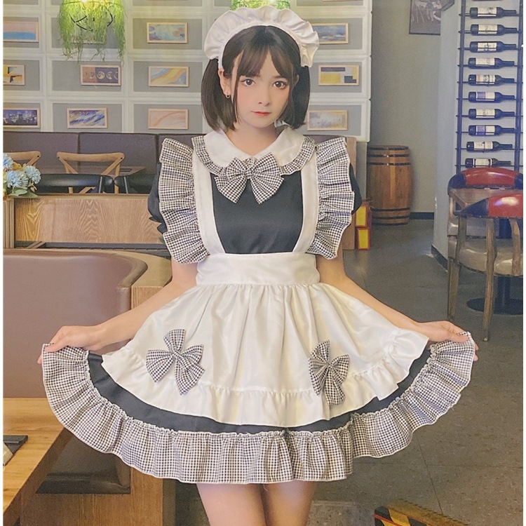 メイド服 格子柄フリルリボンメイド服セット