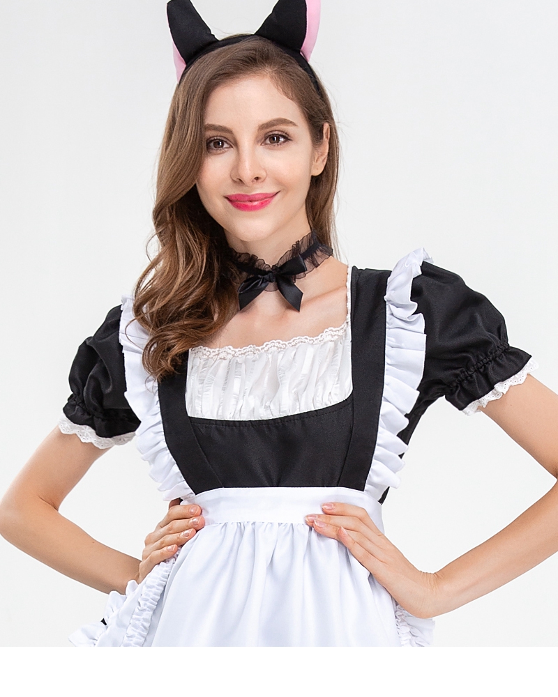 黒白猫耳メイド服 フリル付きコスプレ衣装
