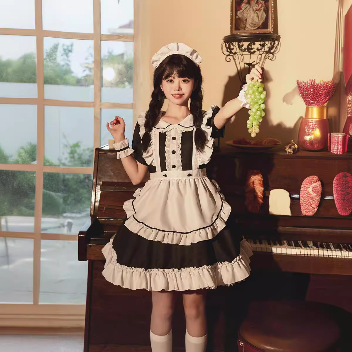 メイド服 フリル重ね重ねエプロン付きメイド服ミニワンピース