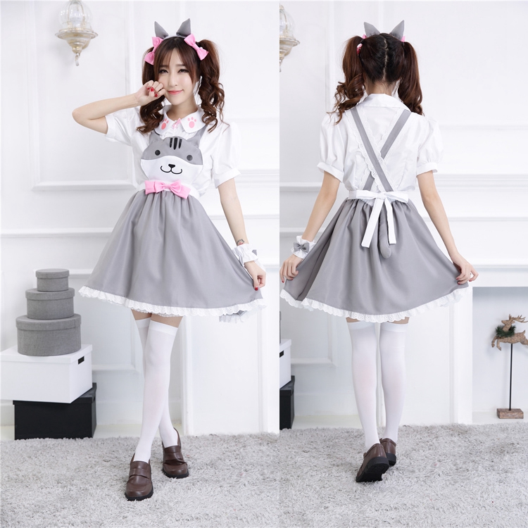 猫耳付きフレンチメイド服ワンピース可愛い動物柄衣装