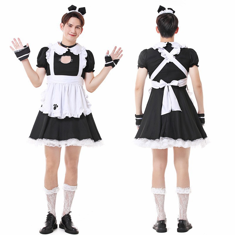 メイド服 選べる2タイプ(猫耳・カラフル)フリルエプロン コスプレ用 男女兼用