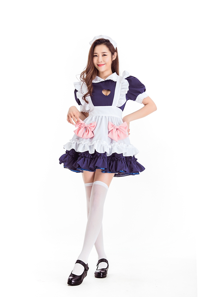 ピンクリボン 黒メイド服 可愛いフリル コスプレ衣装