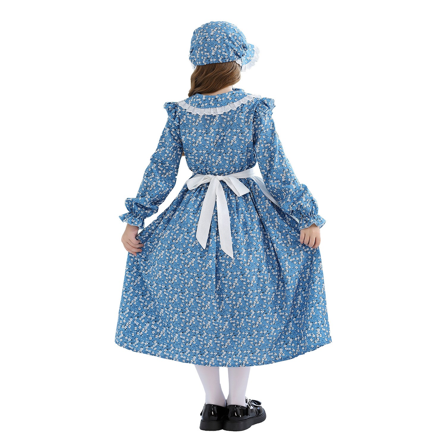メイド服 小花柄フリル襟長袖メイド風ワンピース帽子付き