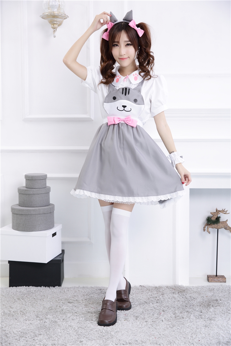 猫耳付きフレンチメイド服ワンピース可愛い動物柄衣装