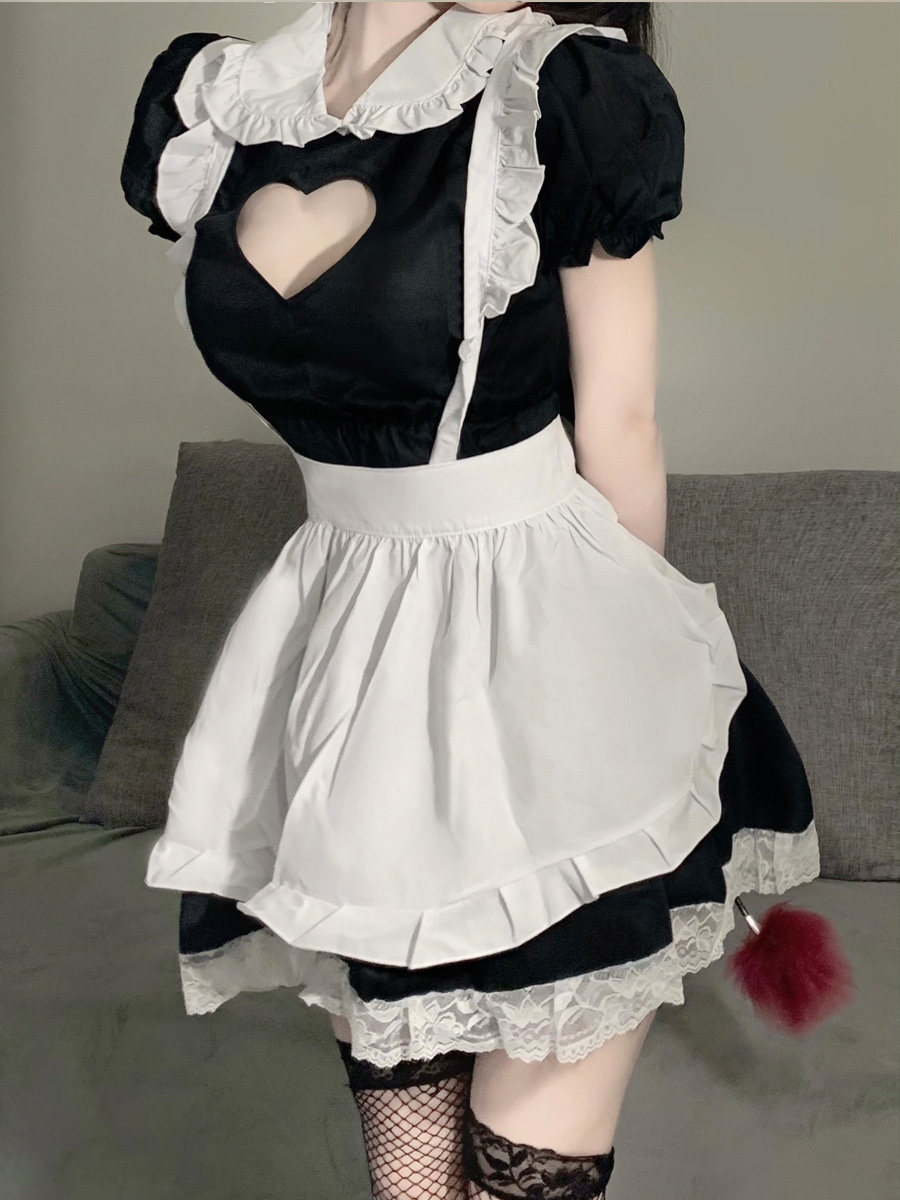 メイド服 胸元ハート開きフリル襟パフスリーブメイド服セット