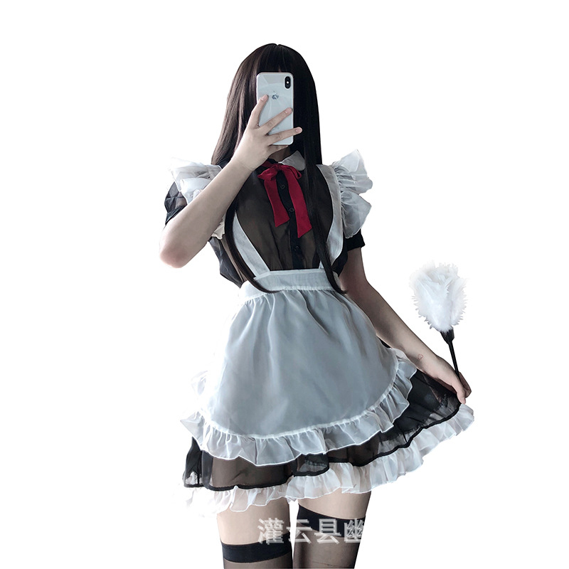 メイド服 フリル袖メイド服セット リボン付き透け感ワンピース