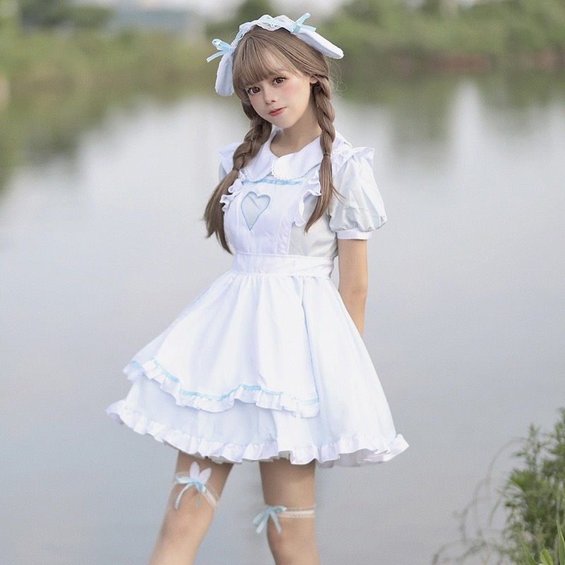 青リボン付き白メイド服ワンピース コスプレ衣装