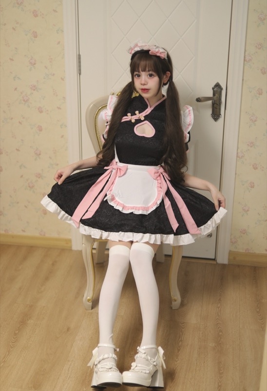 チャイナ風メイド服ワンピース黒桃リボン付きコスプレ衣装