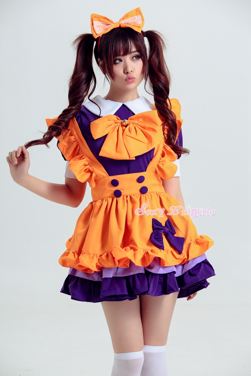 ハロウィン オレンジ色 メイド服 仮装衣装 紫リボン付き