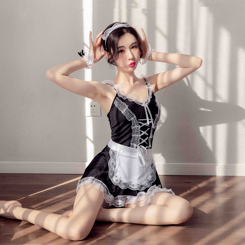 メイド服 レース装飾編み上げミニメイド服セット