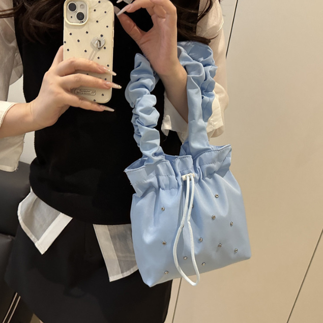  小さめビジュー巾着トートバッグ フリル肩掛け