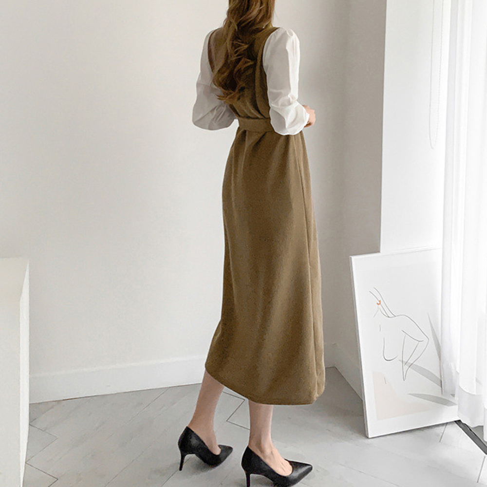 ママコーデ 袖切り替えニットワンピース 配色長袖ロング丈