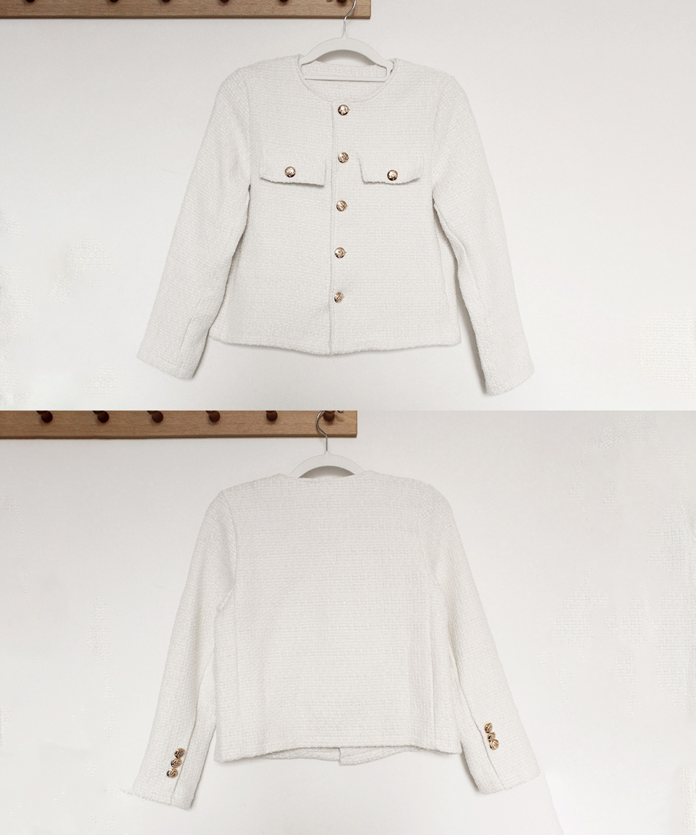 ママコーデ 発表会対応ツイード風ノーカラージャケット金ボタン