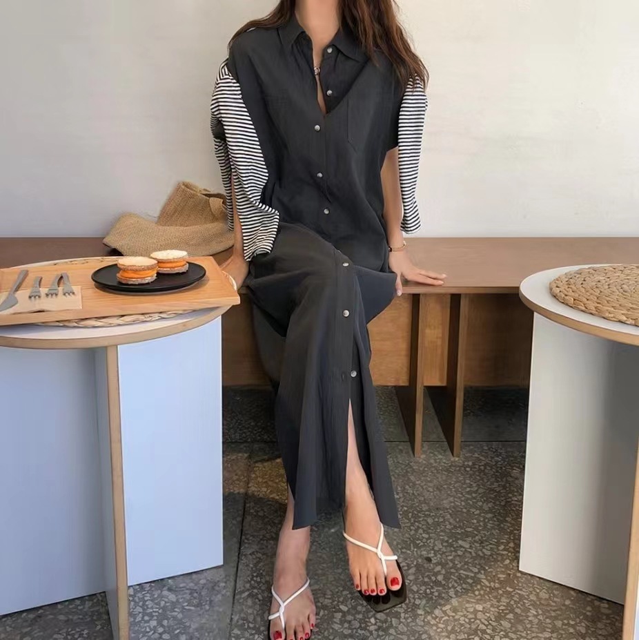 ママコーデ ロング丈シャツワンピース