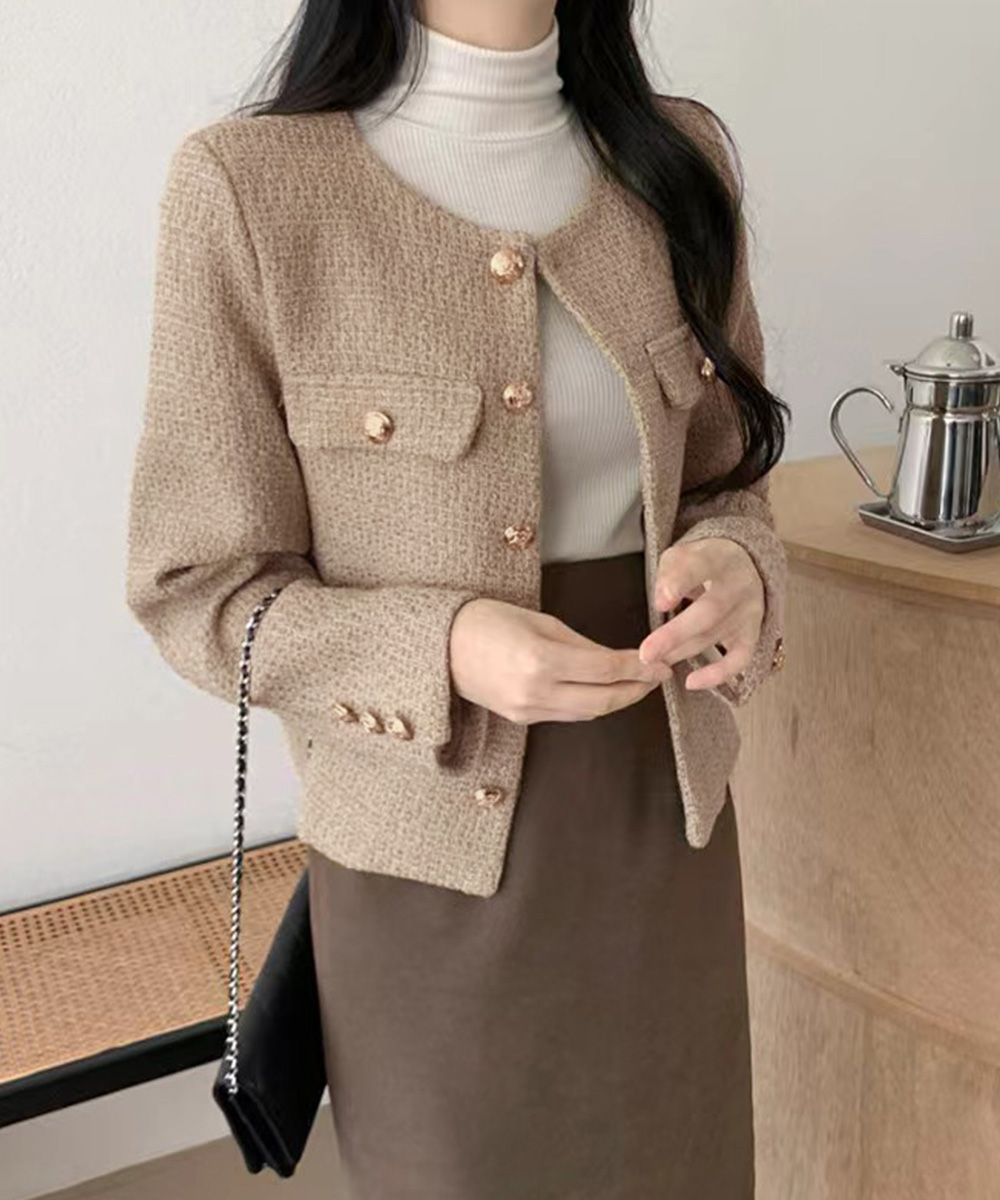 ママコーデ 発表会対応ツイード風ノーカラージャケット金ボタン