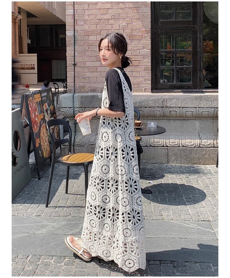 ママコーデ 花模様かぎ針編みジャンパースカート